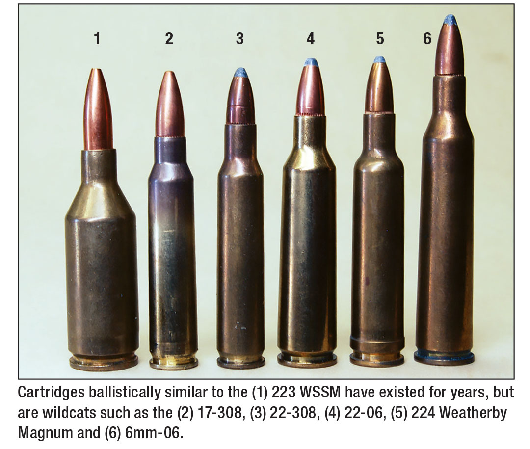 Cartridges ballistically similar to the (1) 223 WSSM have existed for years, but are wildcats such as the (2) 17-308, (3) 22-308, (4) 22-06, (5) 224 Weatherby Magnum and (6) 6mm-06.